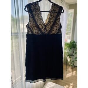 Scarlett Nite Dress Tan Black Lace V-Neck Cocktail Party Ruffle Hem Sleeveless